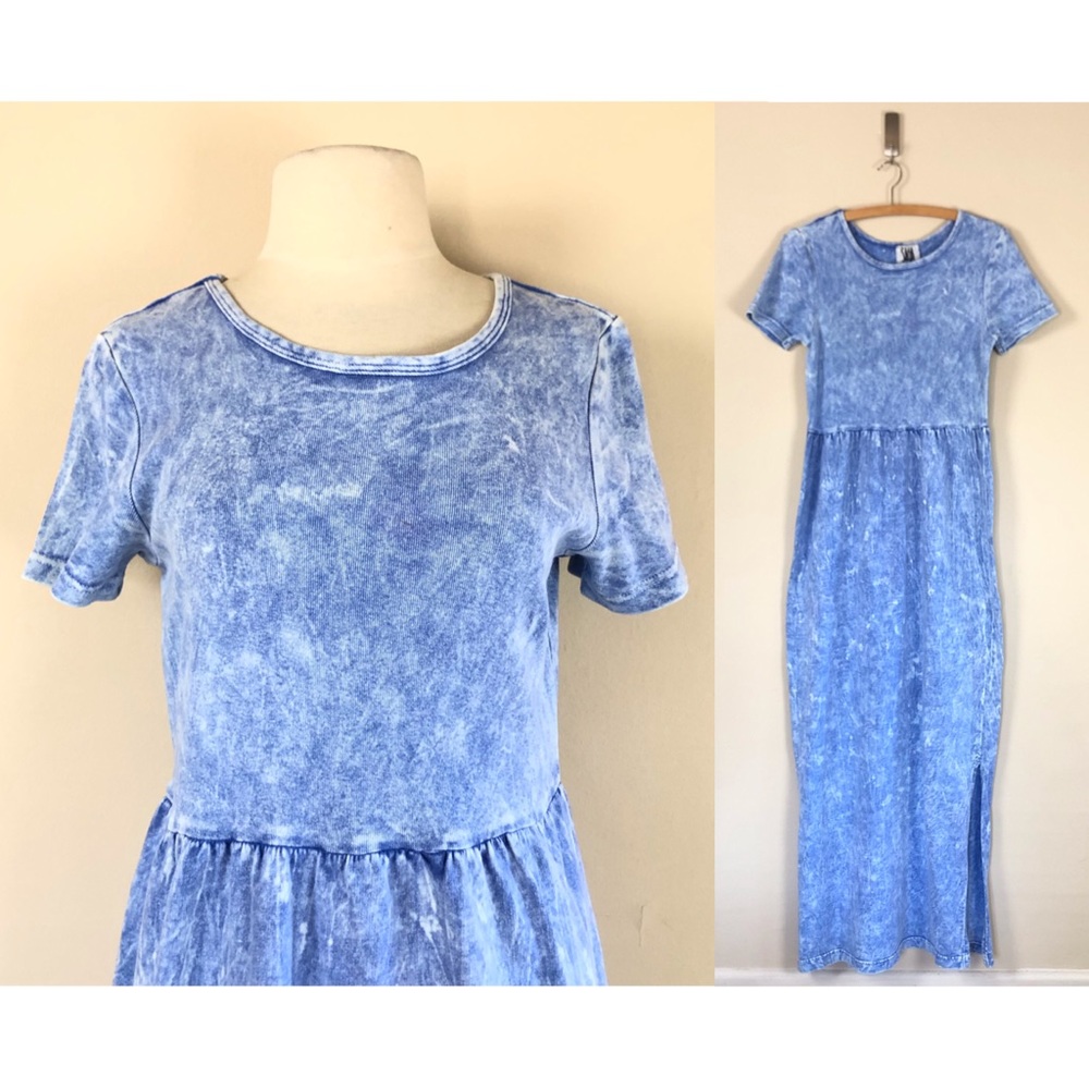 vintage 90s acid washed faux denim jean dress tie dye maxi t shirt grunge y2k - Picture 1 of 10